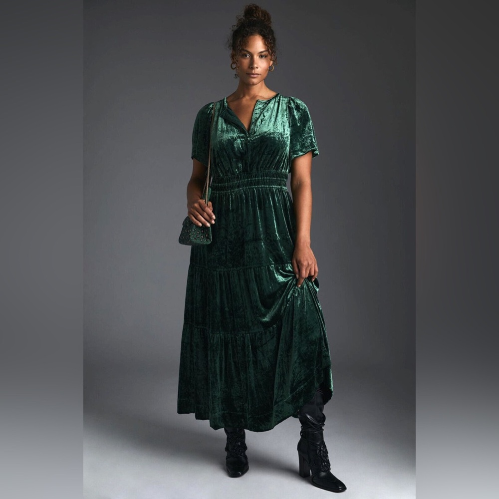 Anthropologie Somerset Velvet Tiered Maxi Dress Small Green Whimsical V Neck #